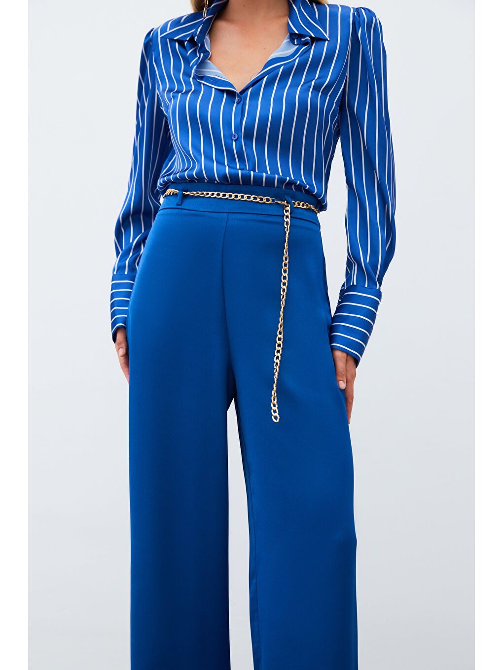 Zincirli Saten Krep Pantolon - İndigo-4