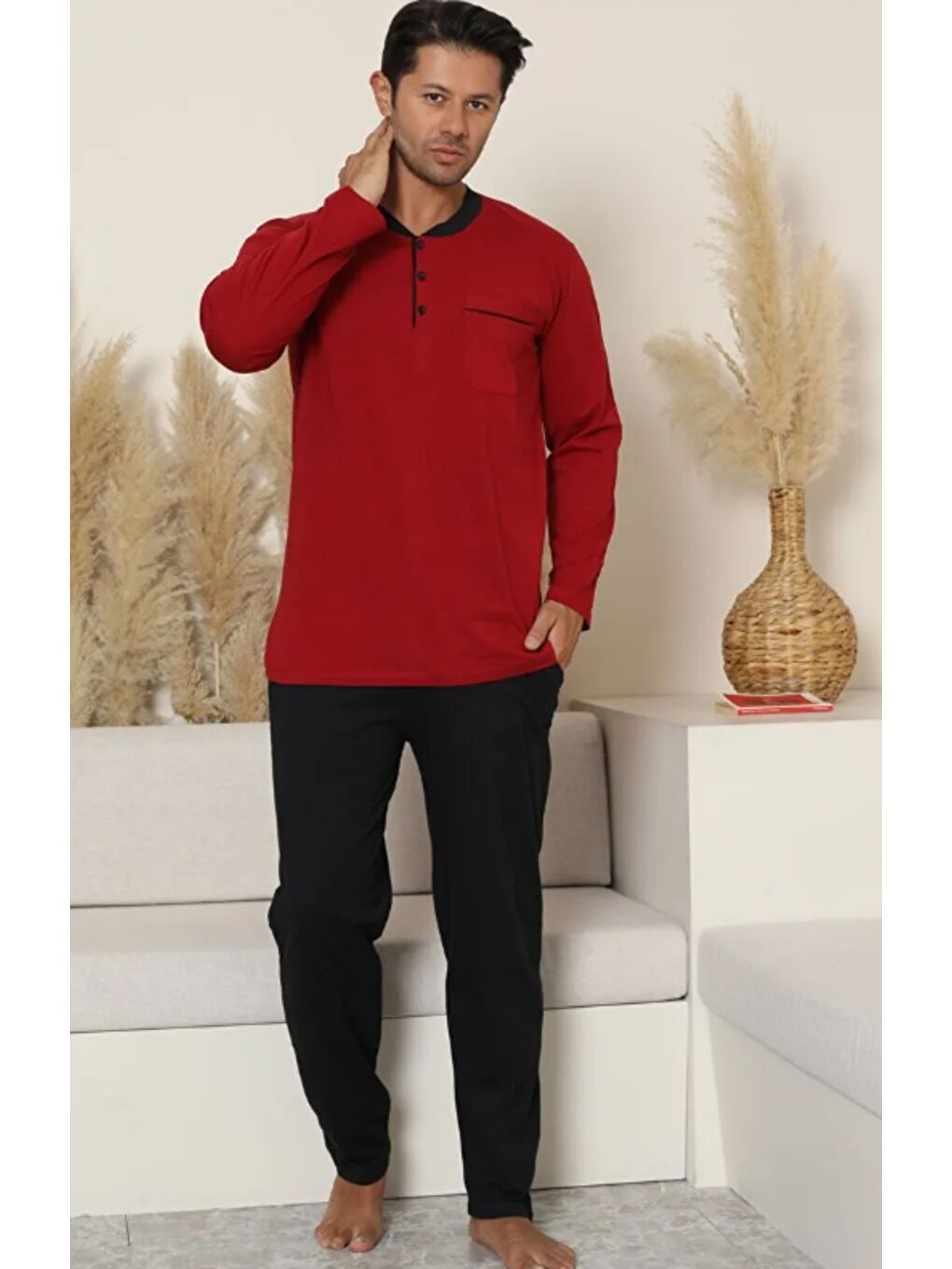 Erkek Bordo %100 Organik Doğal Pamuk Yüksek Kalite Düğmeli Uzun Kollu Battal Pijama Takımı