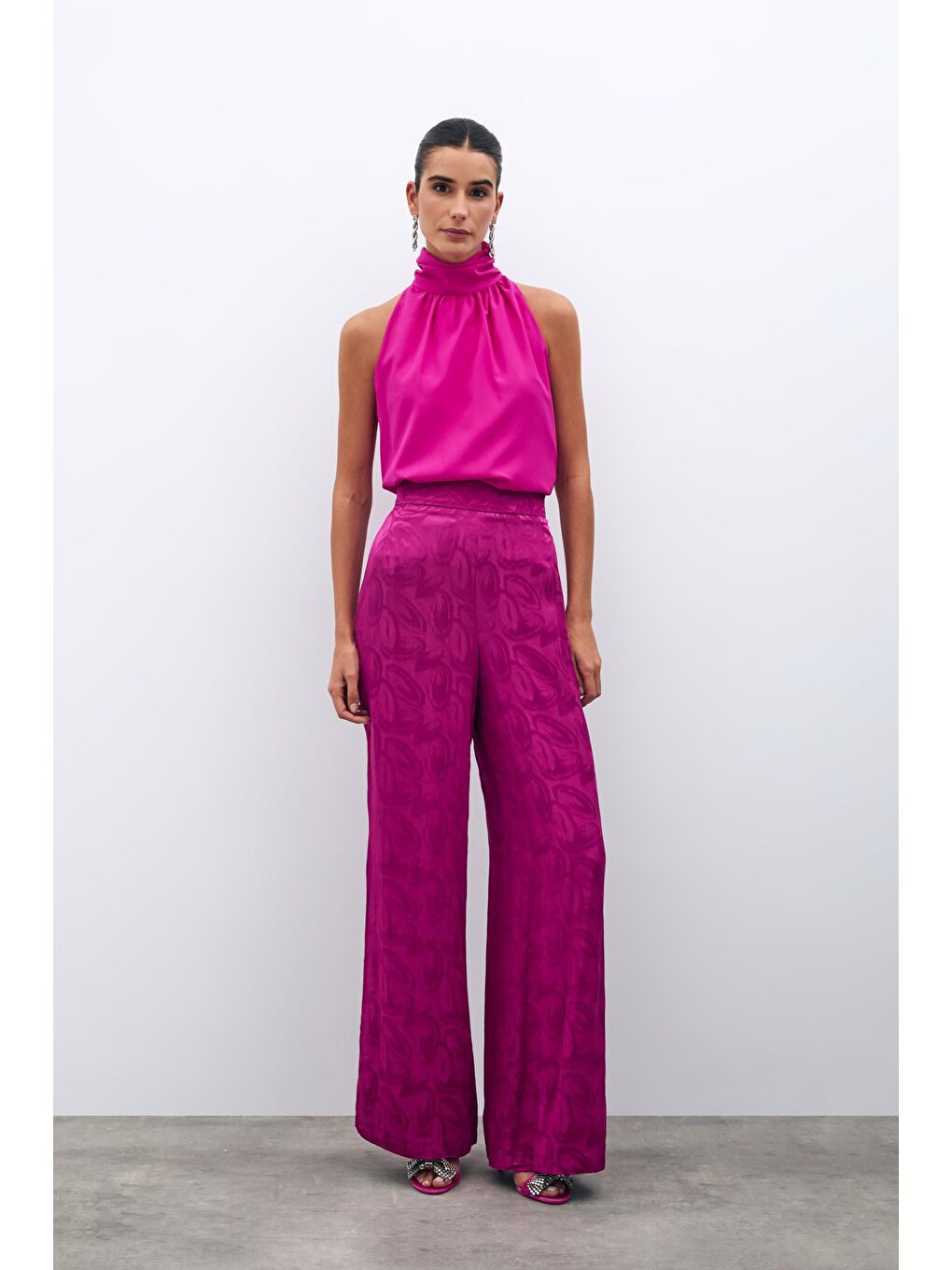 SATEEN Jakarlı Salaş Pantolon - Fuşya