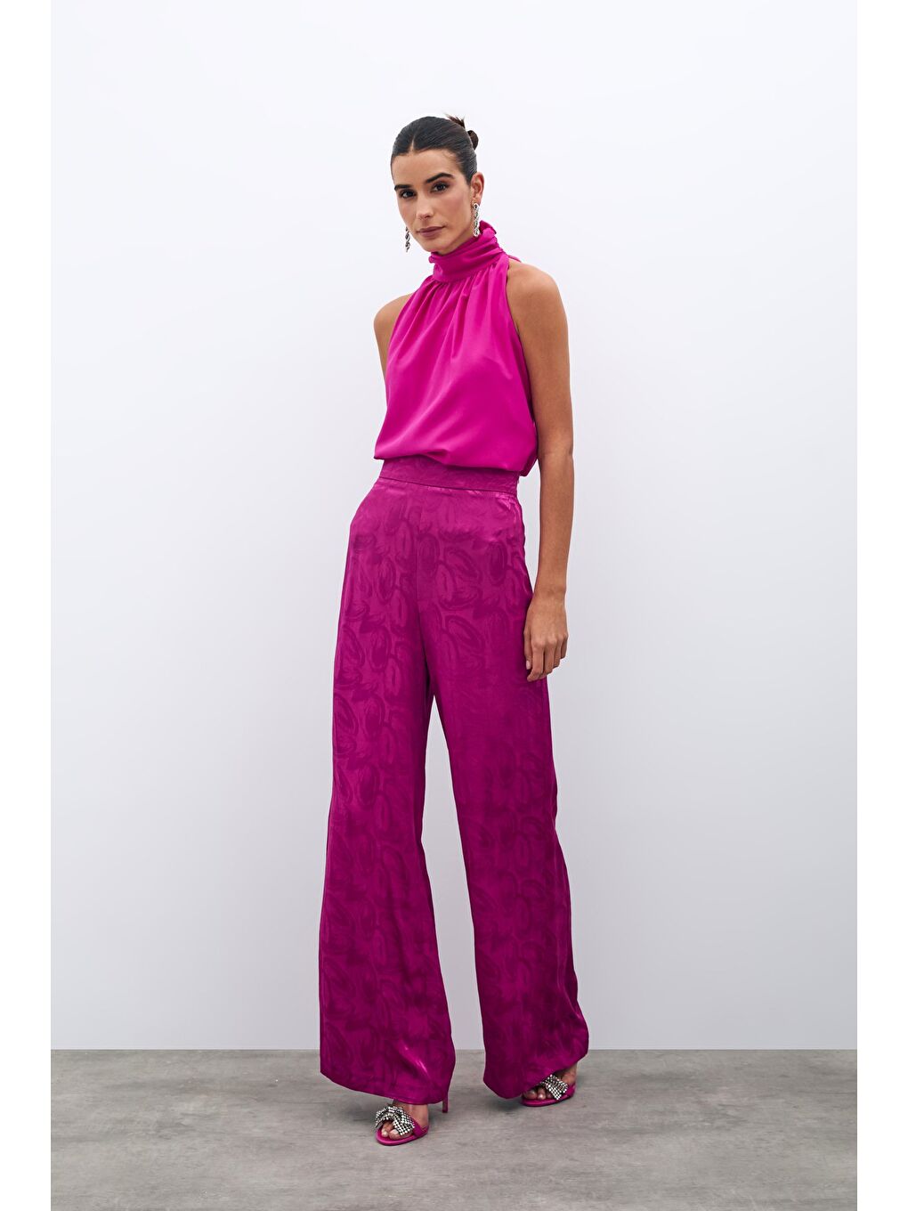 SATEEN Jakarlı Salaş Pantolon - Fuşya - 1