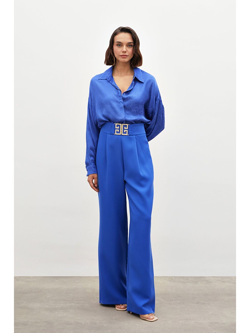 Bel Aksesuarlı Bol Paça Pantolon - Sax Mavi-1