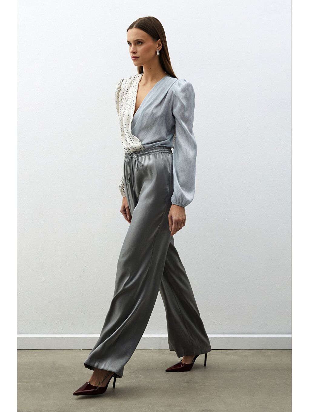 Bel Lastikli Parlak Pantolon - Antrasit-1