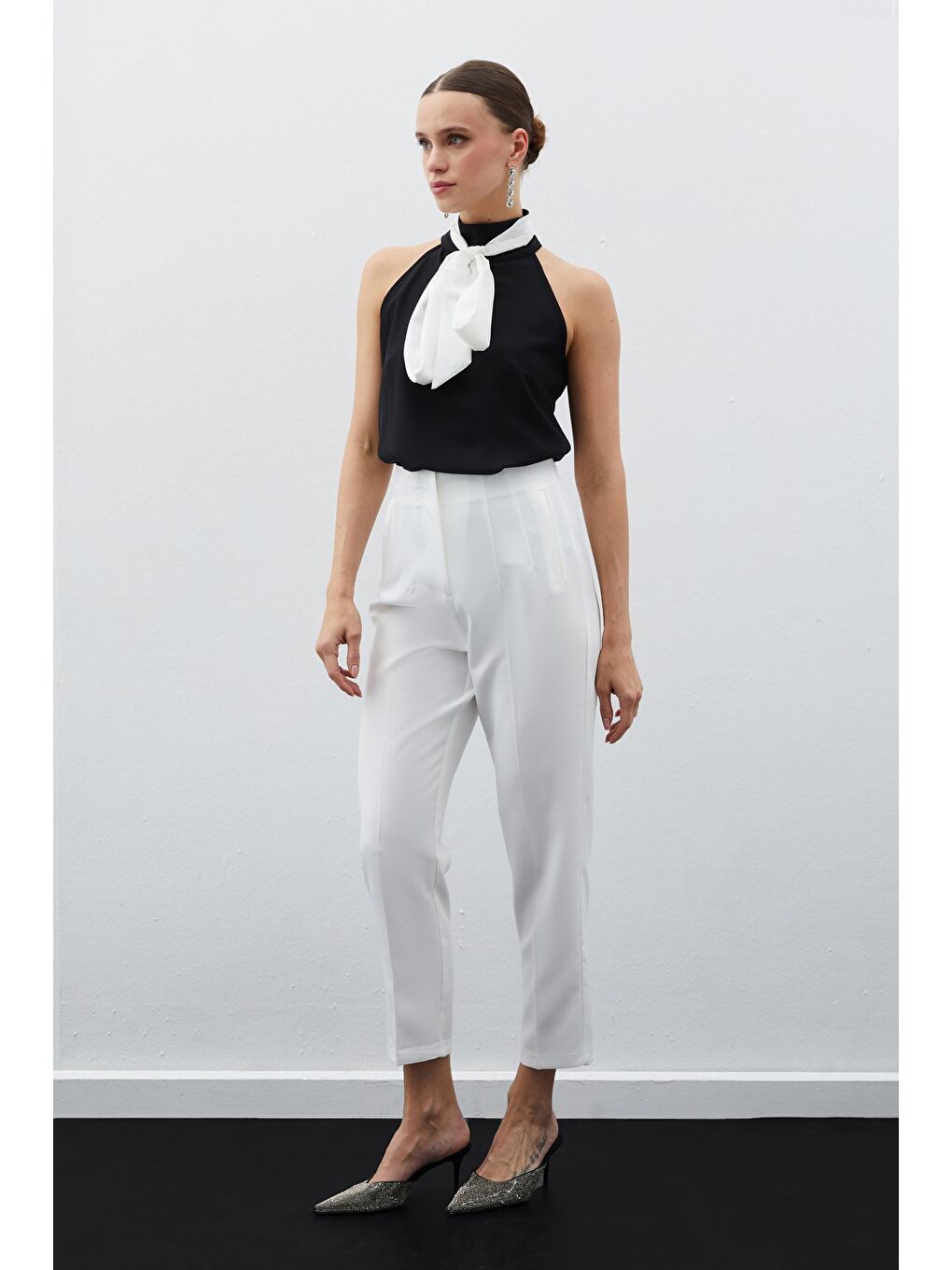 Yüksek Bel Pensli Pantolon - Ekru-1