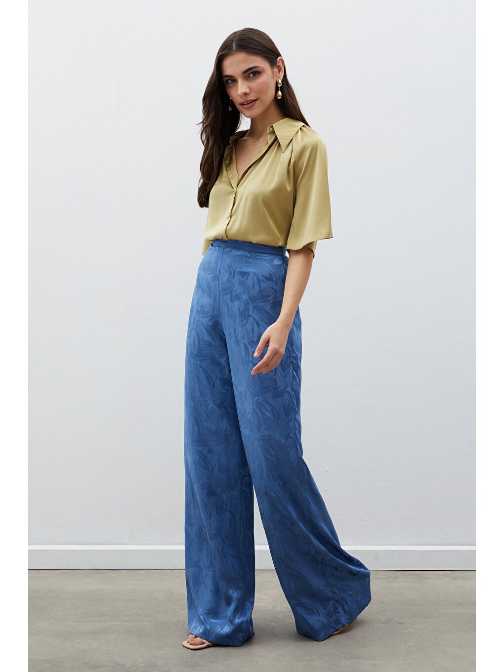 SATEEN Indigo Jakarlı Salaş Pantolon - İndigo - 1