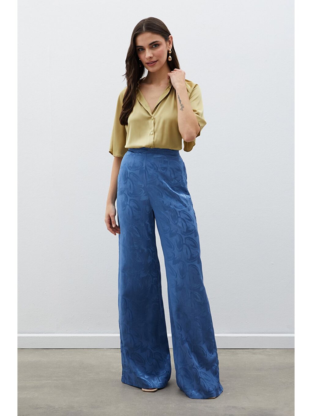 SATEEN Indigo Jakarlı Salaş Pantolon - İndigo - 2