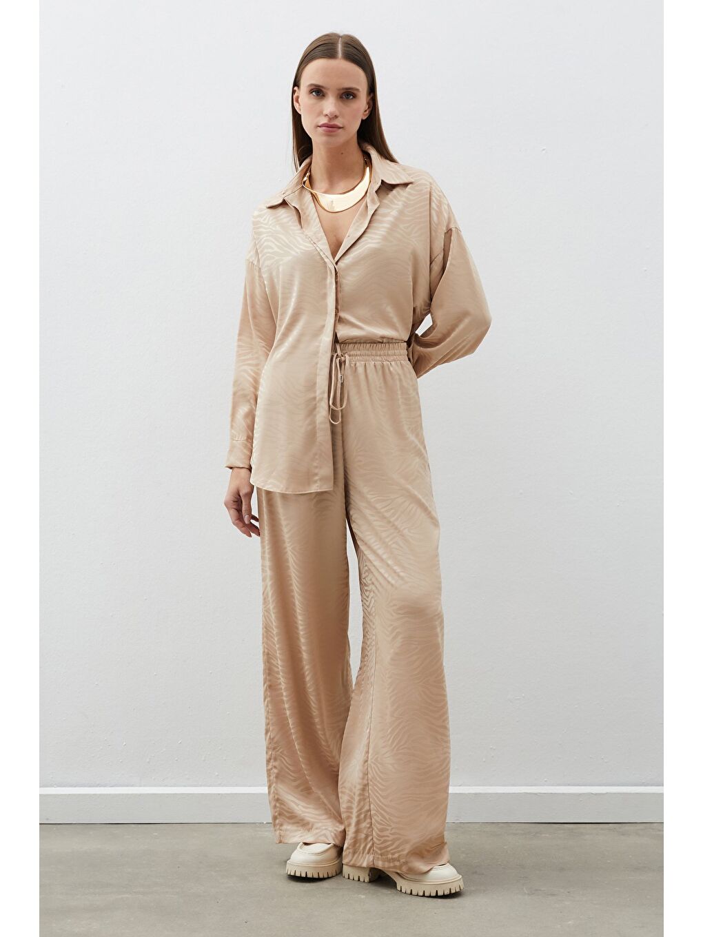 Zebra Desenli Salaş Pantolon - Bej-1