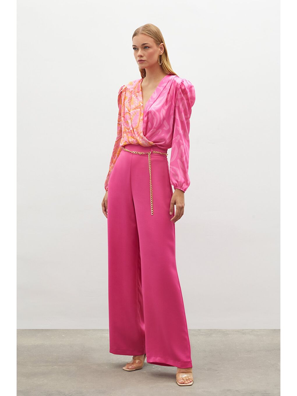 Zincirli Saten Krep Pantolon - Fuşya-1