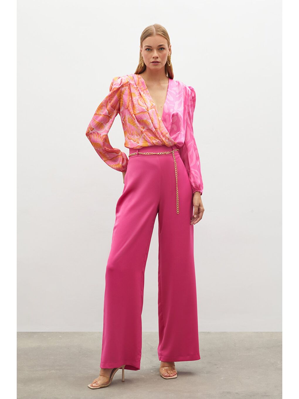 Zincirli Saten Krep Pantolon - Fuşya-2