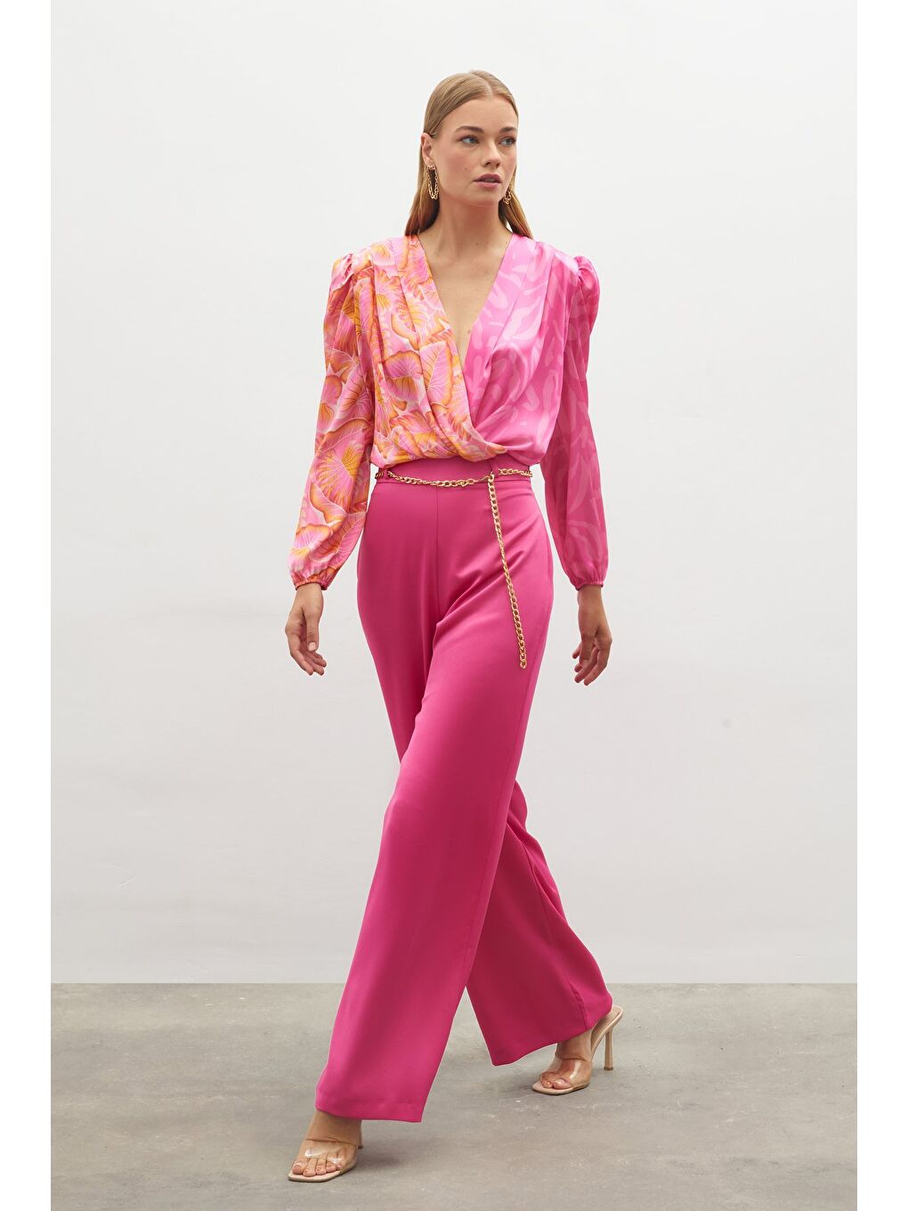 Zincirli Saten Krep Pantolon - Fuşya-3