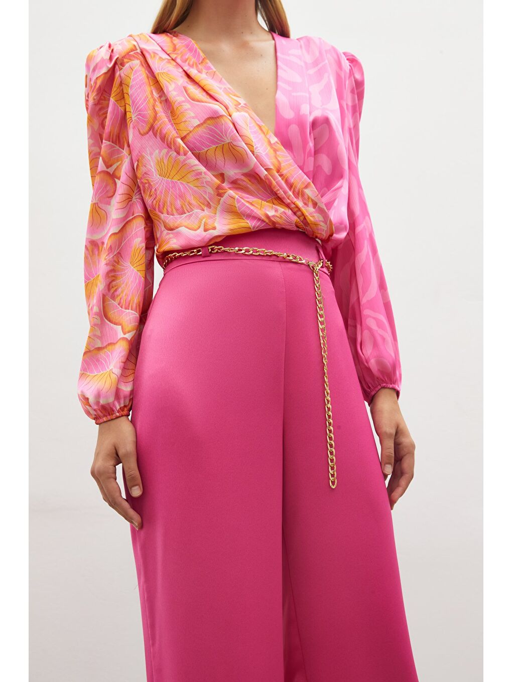 Zincirli Saten Krep Pantolon - Fuşya-4