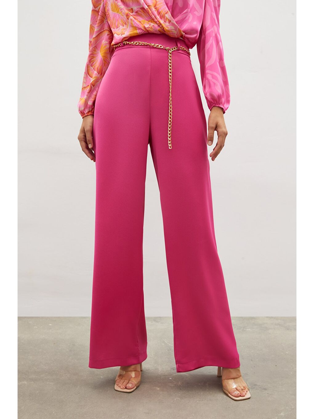 Zincirli Saten Krep Pantolon - Fuşya-5