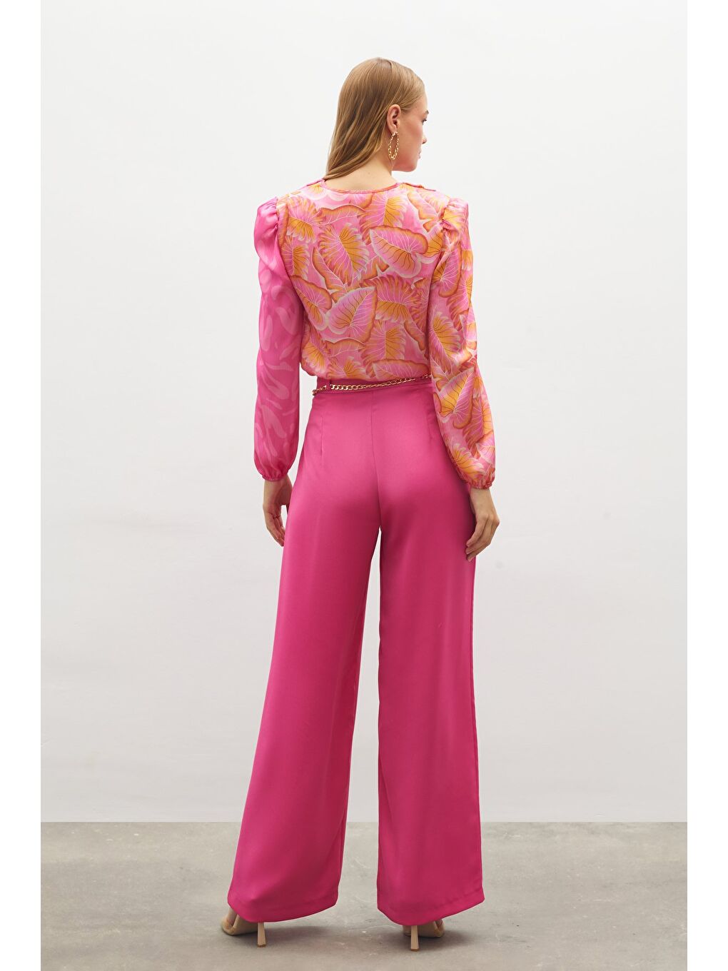 Zincirli Saten Krep Pantolon - Fuşya-6