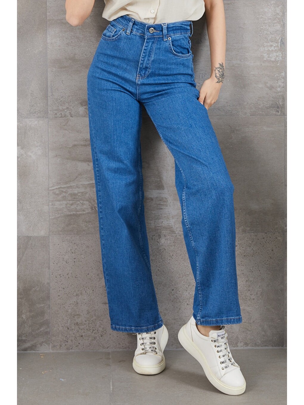 Mavi Yüksek Bel Baggy Jean-1
