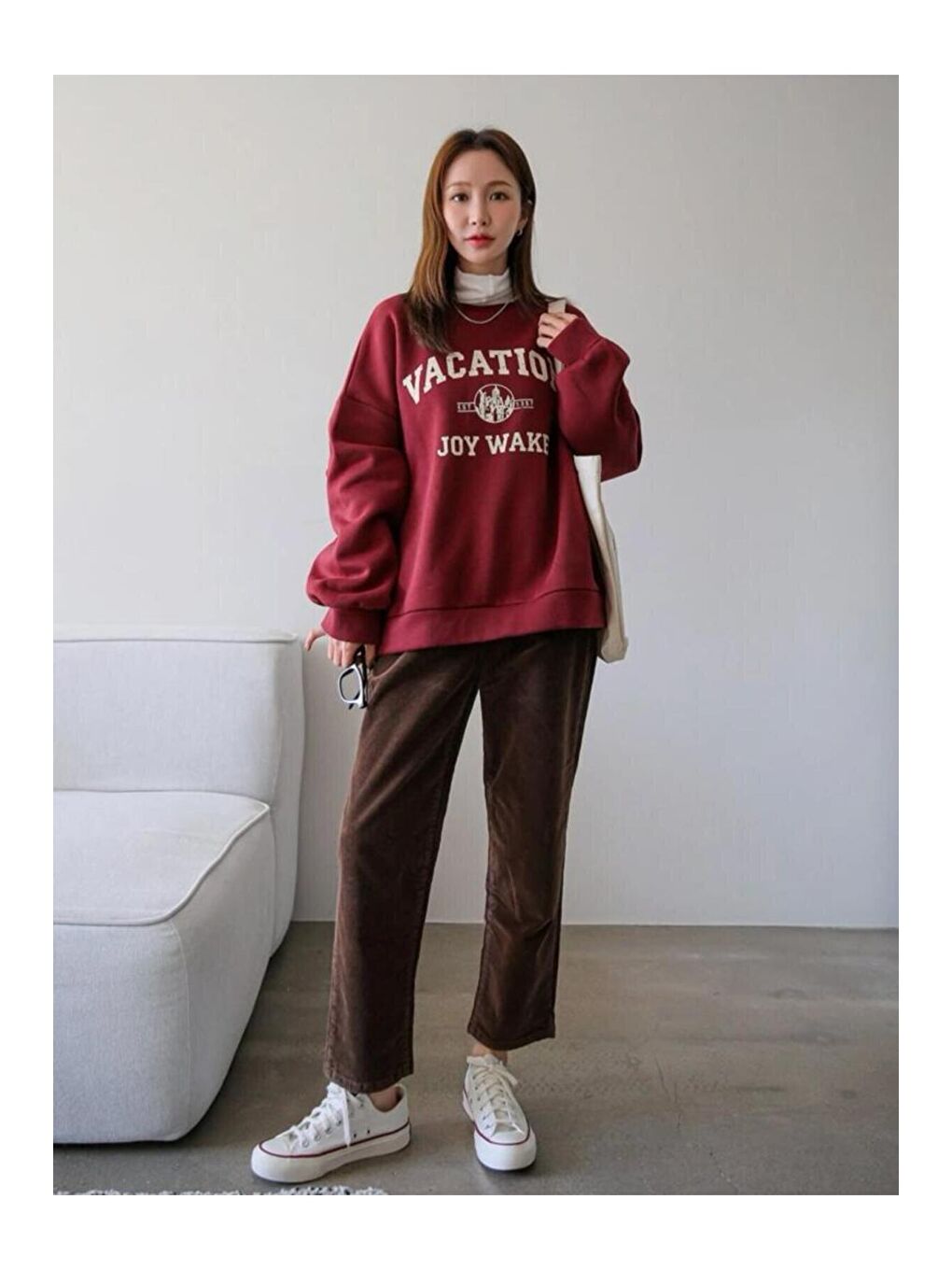 Kadın Bordo Vacation Joy Wake Baskılı Oversize Bisiklet Yaka Sweatshirt-3