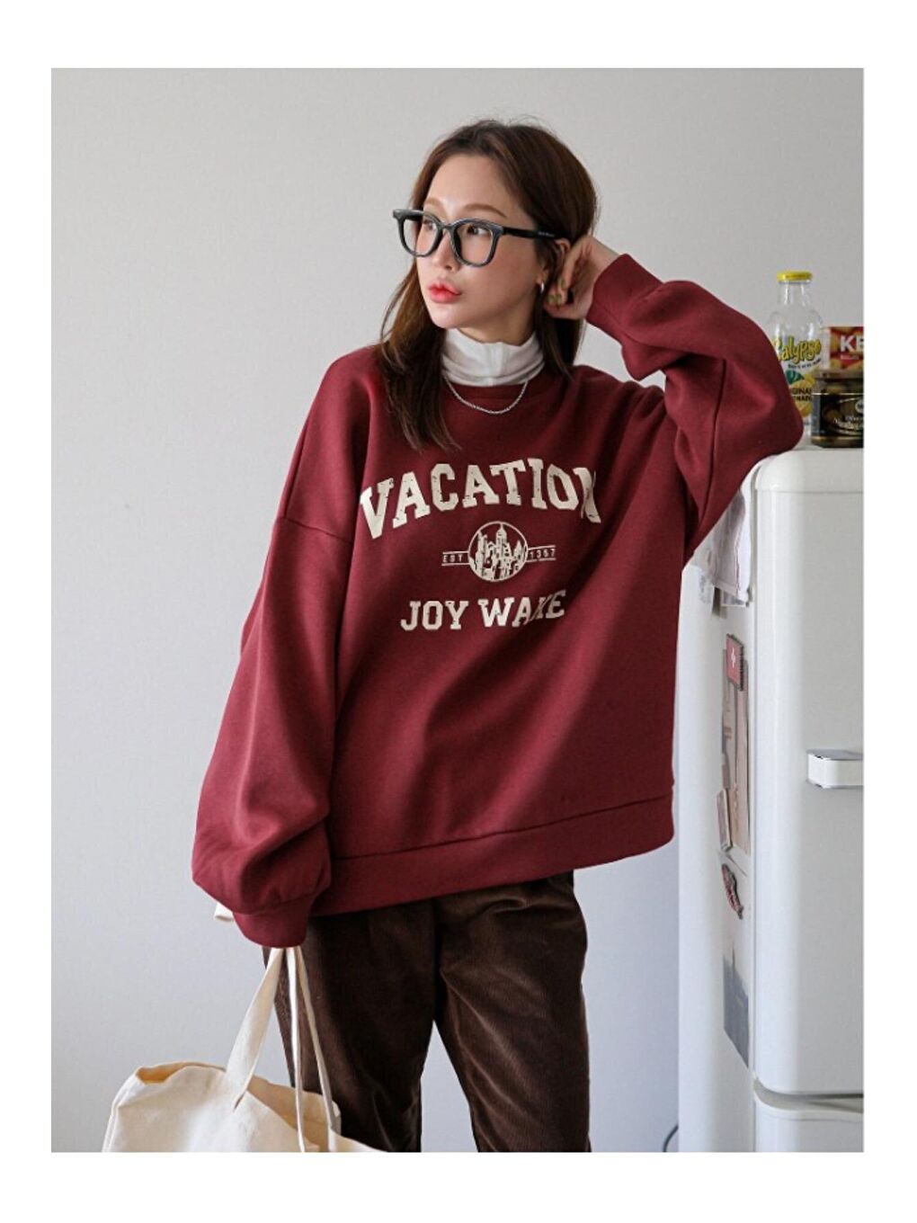 Kadın Bordo Vacation Joy Wake Baskılı Oversize Bisiklet Yaka Sweatshirt-4