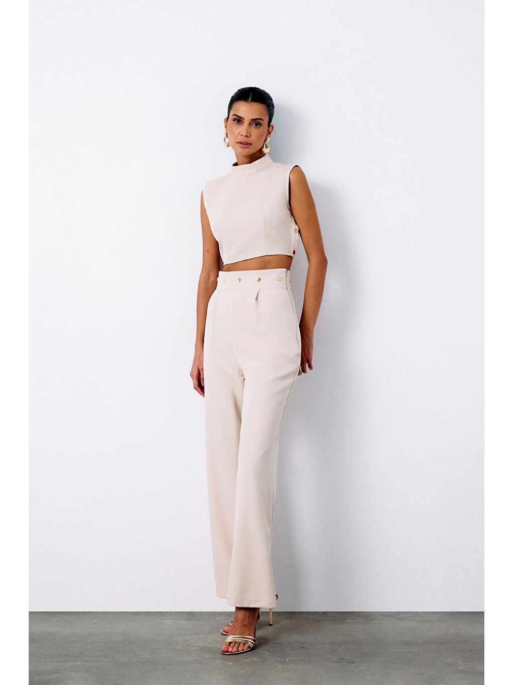 Bel Aksesuarlı Pantolon - Bej-3