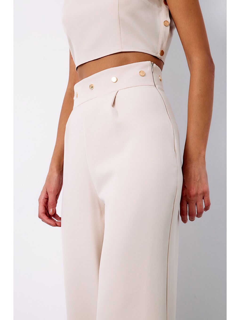 Bel Aksesuarlı Pantolon - Bej-4