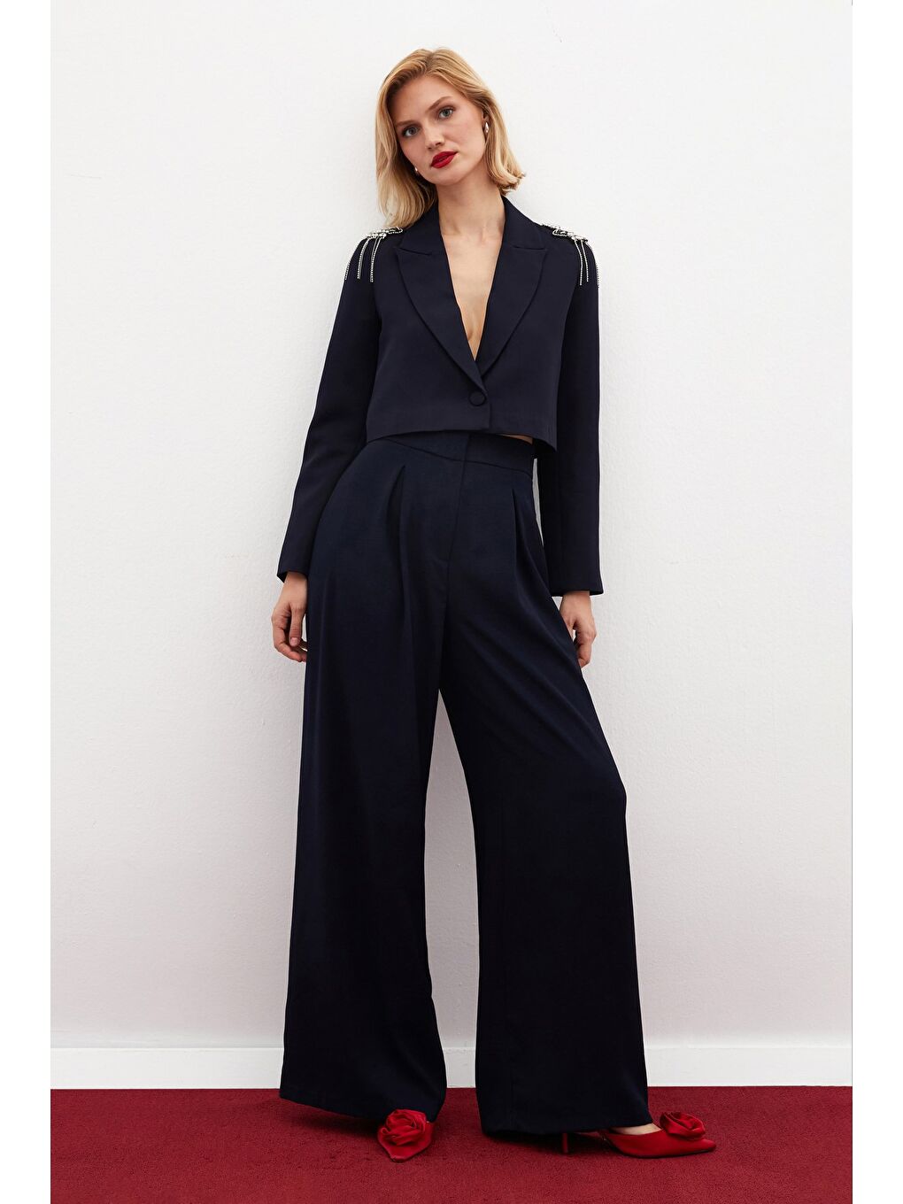 Yüksek Bel Bol Paça Pantolon - Lacivert