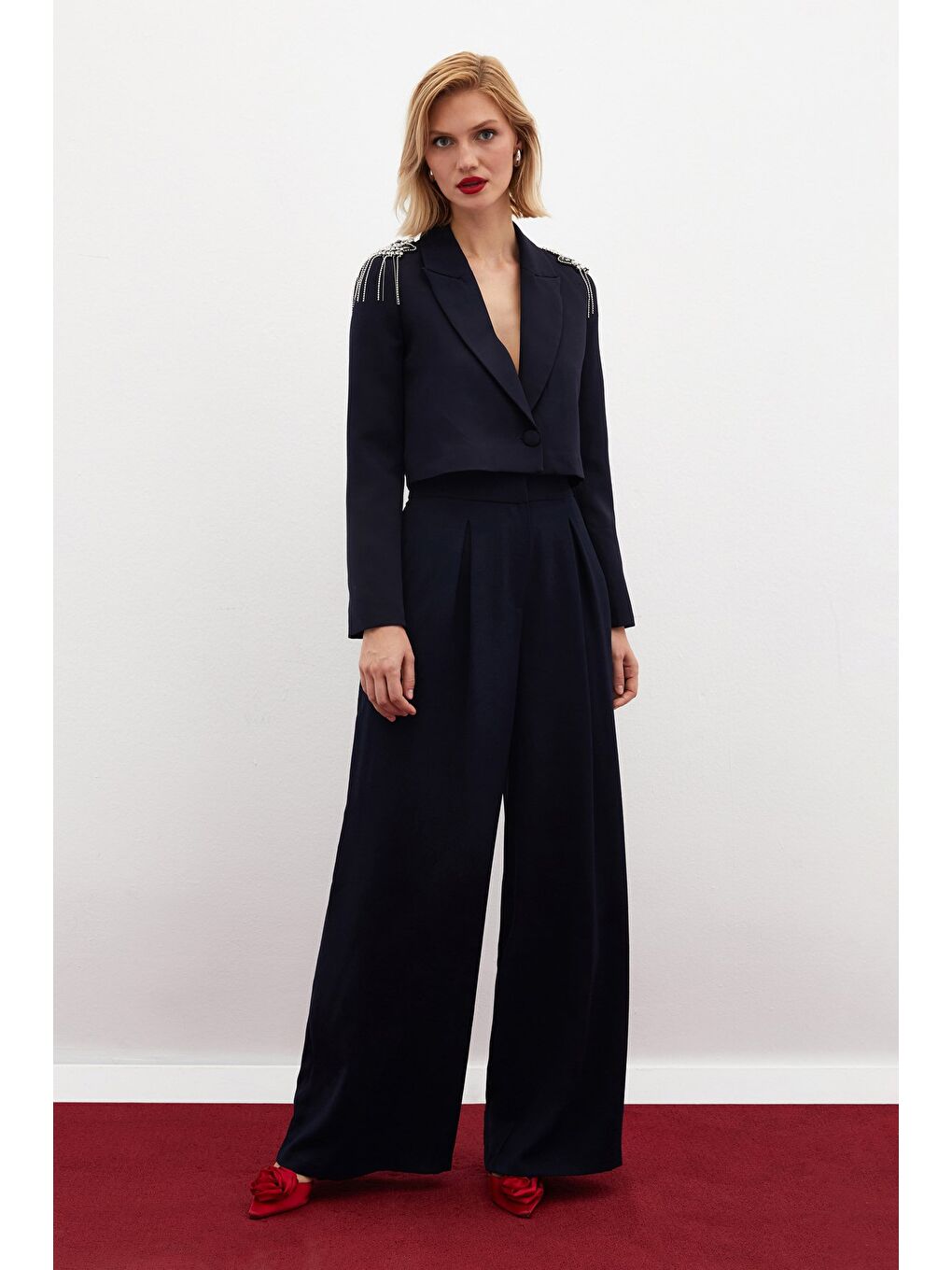 Yüksek Bel Bol Paça Pantolon - Lacivert-1