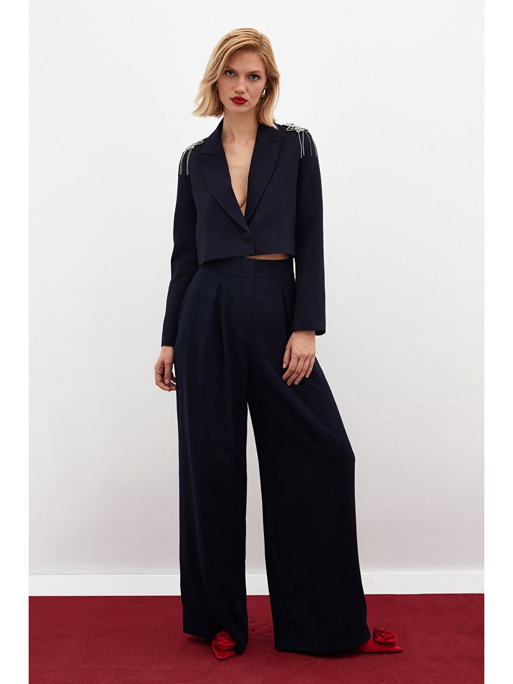 Yüksek Bel Bol Paça Pantolon - Lacivert-2