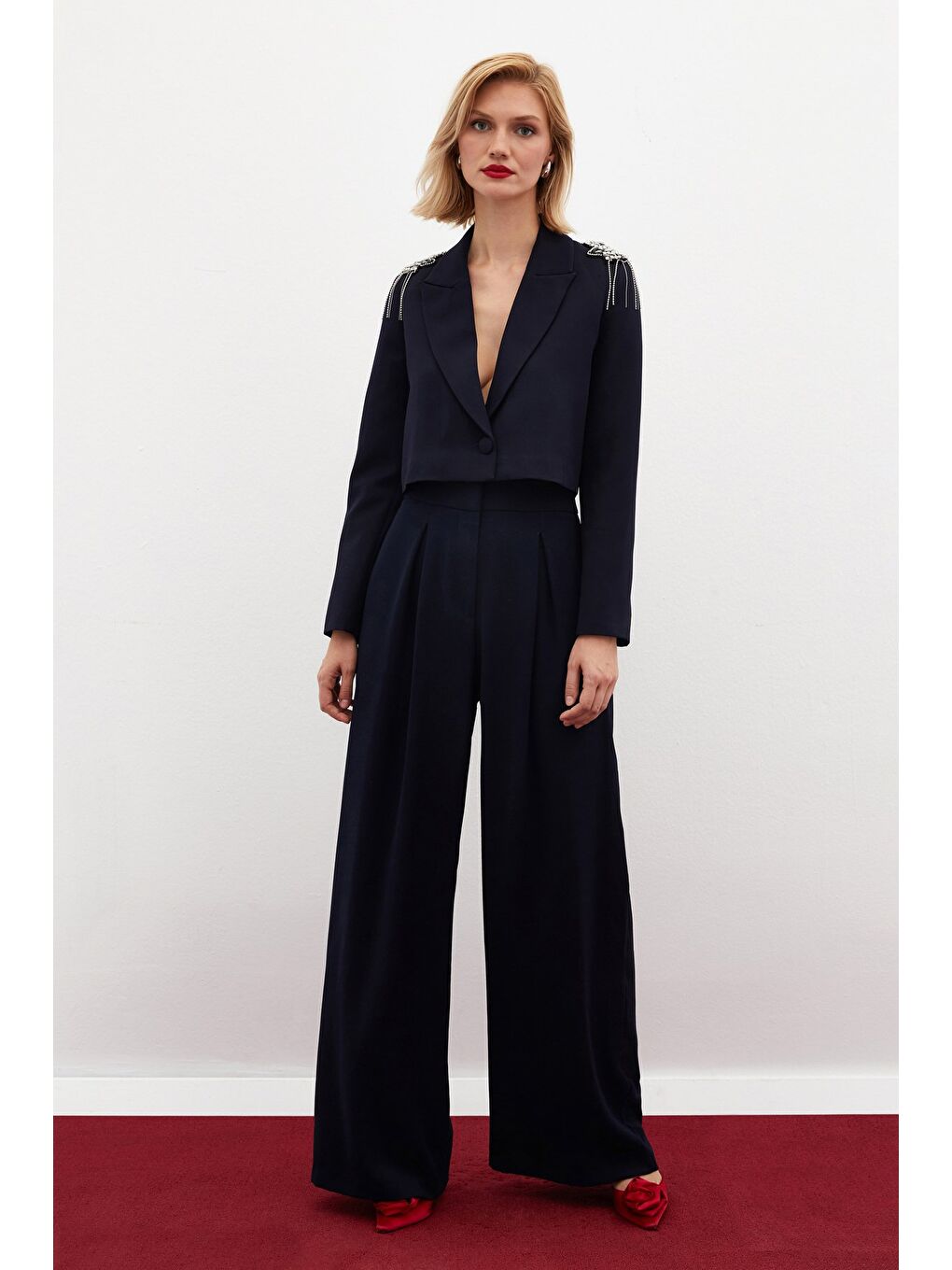 Yüksek Bel Bol Paça Pantolon - Lacivert-3