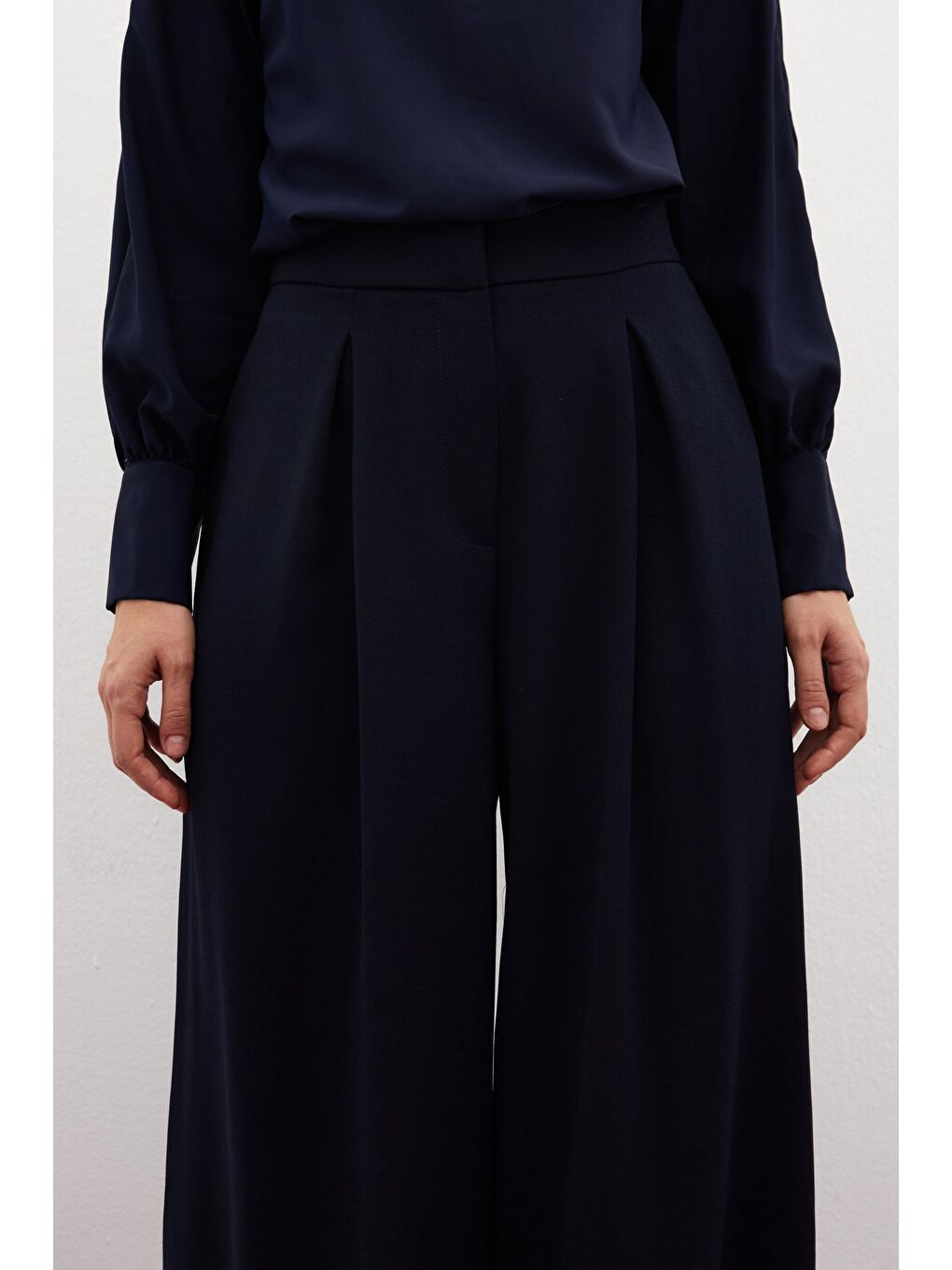 Yüksek Bel Bol Paça Pantolon - Lacivert-4