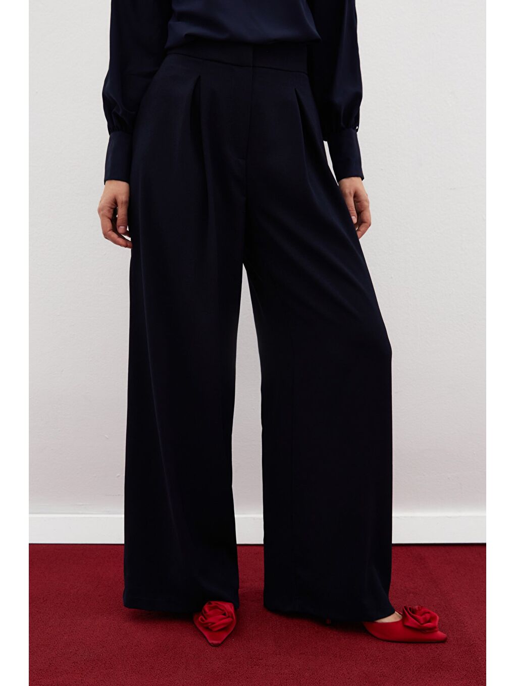 Yüksek Bel Bol Paça Pantolon - Lacivert-5