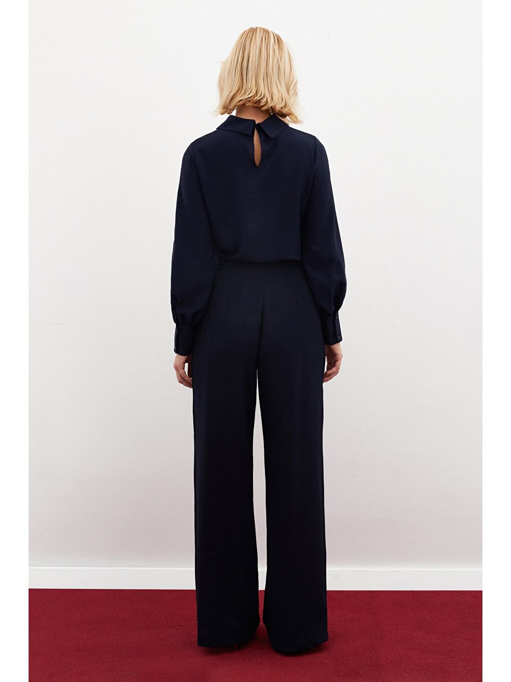 Yüksek Bel Bol Paça Pantolon - Lacivert-6