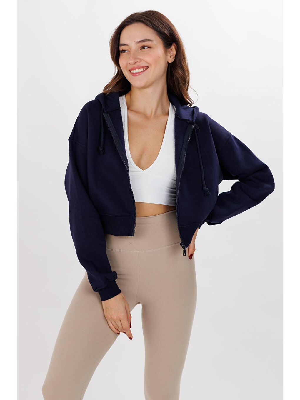 Kadın Lacivert 3 İplik Kapüşonlu Crop Örme Hırka