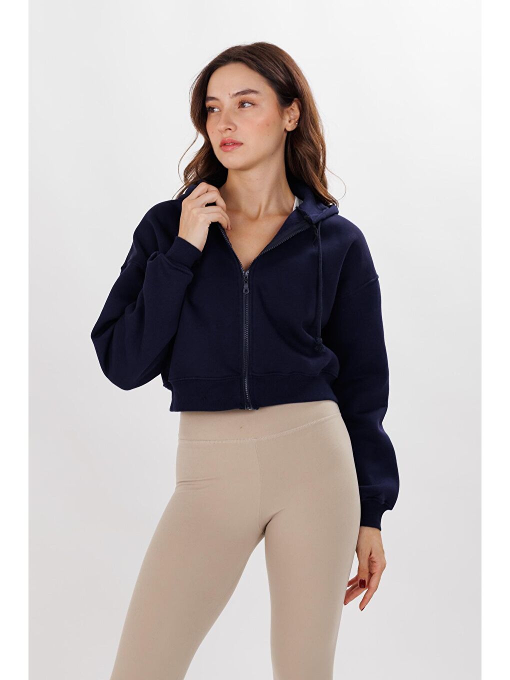 Kadın Lacivert 3 İplik Kapüşonlu Crop Örme Hırka-1