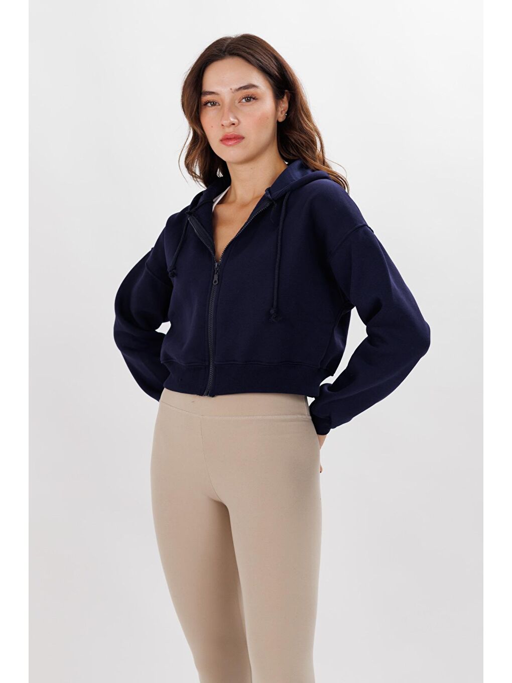 Kadın Lacivert 3 İplik Kapüşonlu Crop Örme Hırka-2