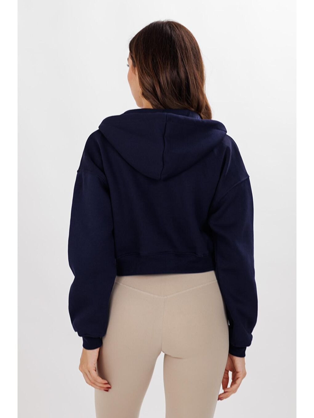 Kadın Lacivert 3 İplik Kapüşonlu Crop Örme Hırka-3
