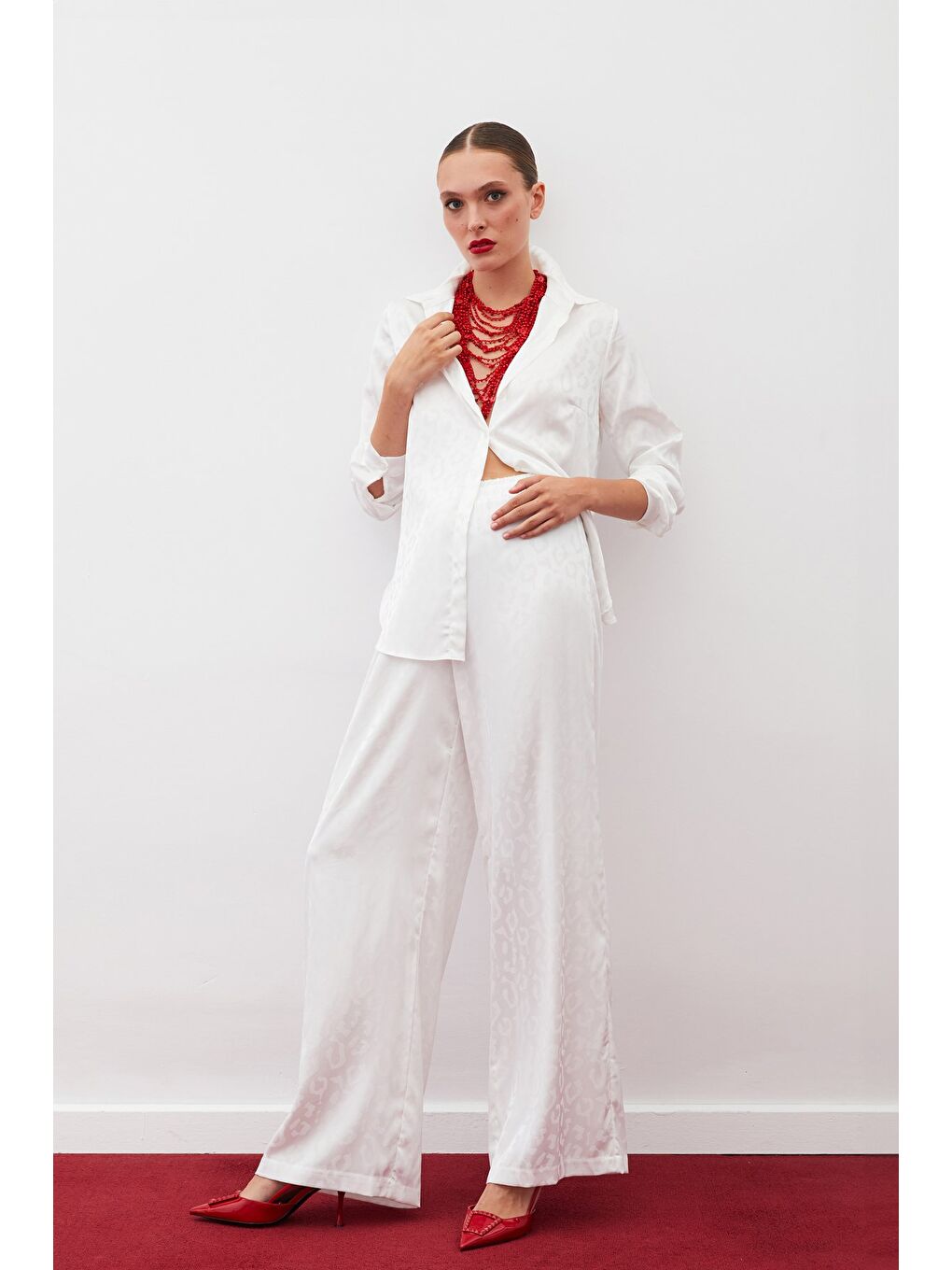 Bel Lastikli Desenli Pantolon - Ekru