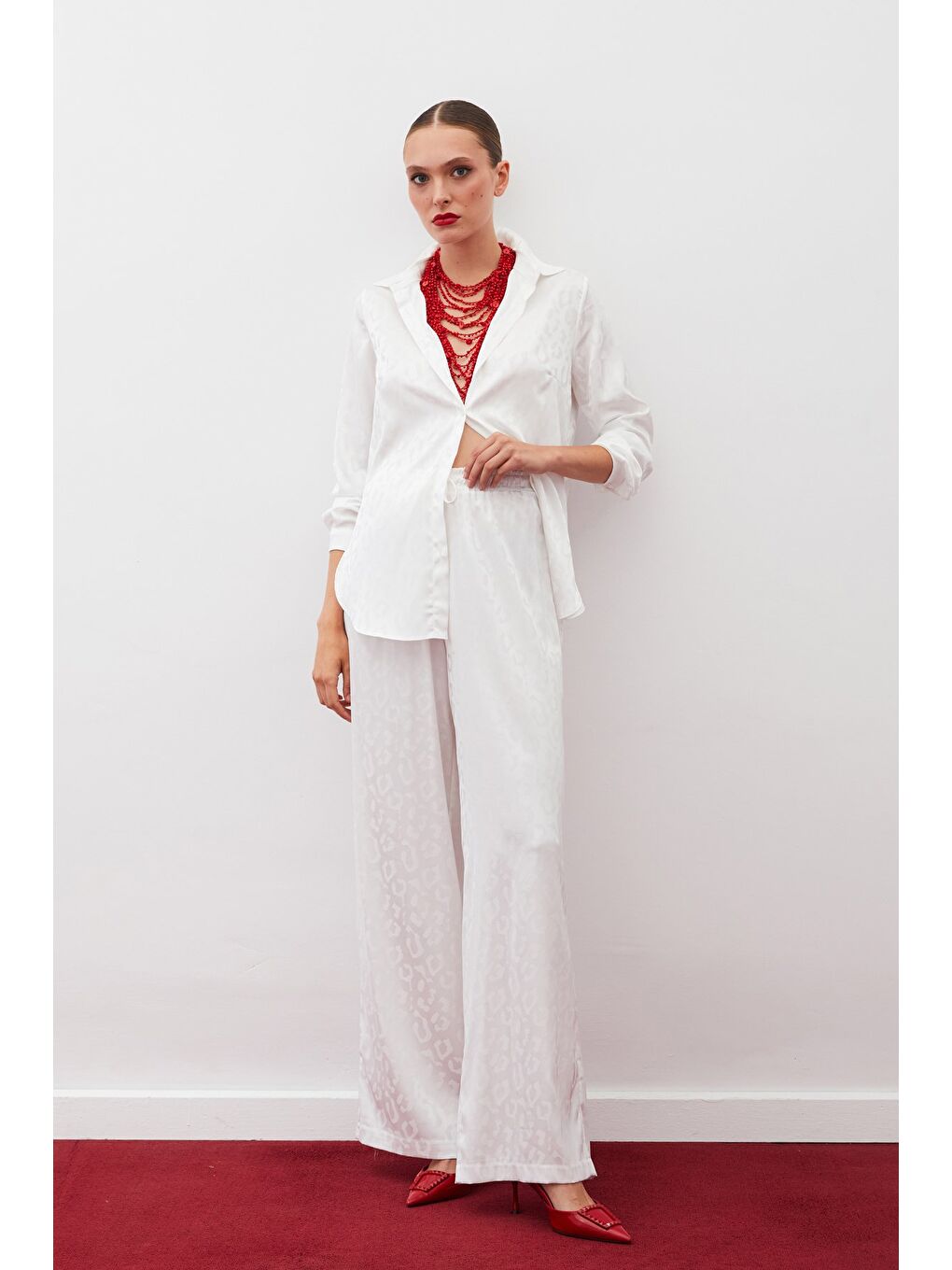 Bel Lastikli Desenli Pantolon - Ekru-1