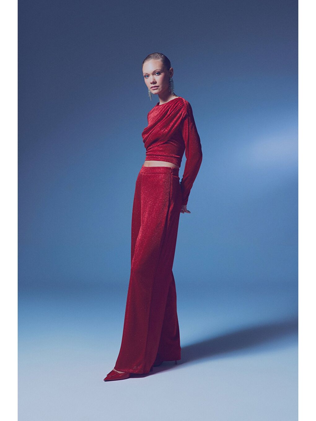 Simli Salaş Pantolon - Kırmızı-2