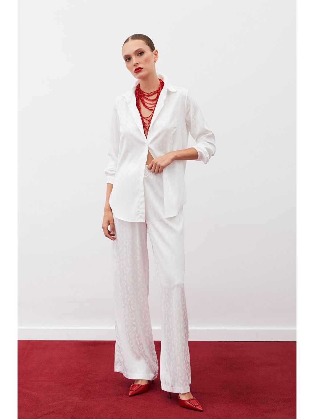 Bel Lastikli Desenli Pantolon - Ekru-2