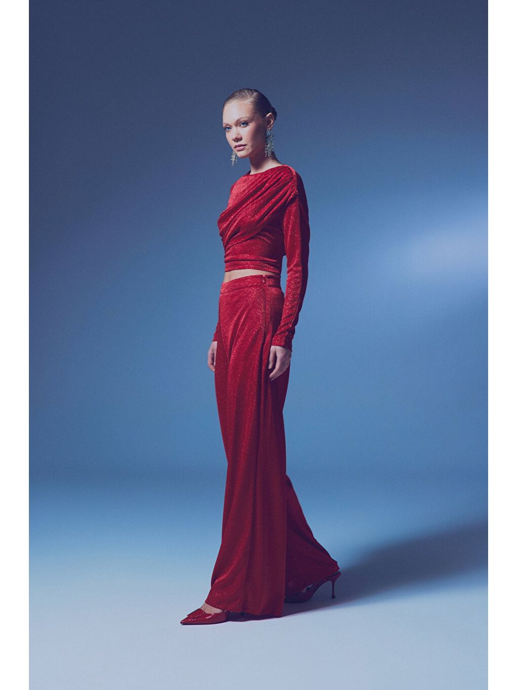 Simli Salaş Pantolon - Kırmızı-3