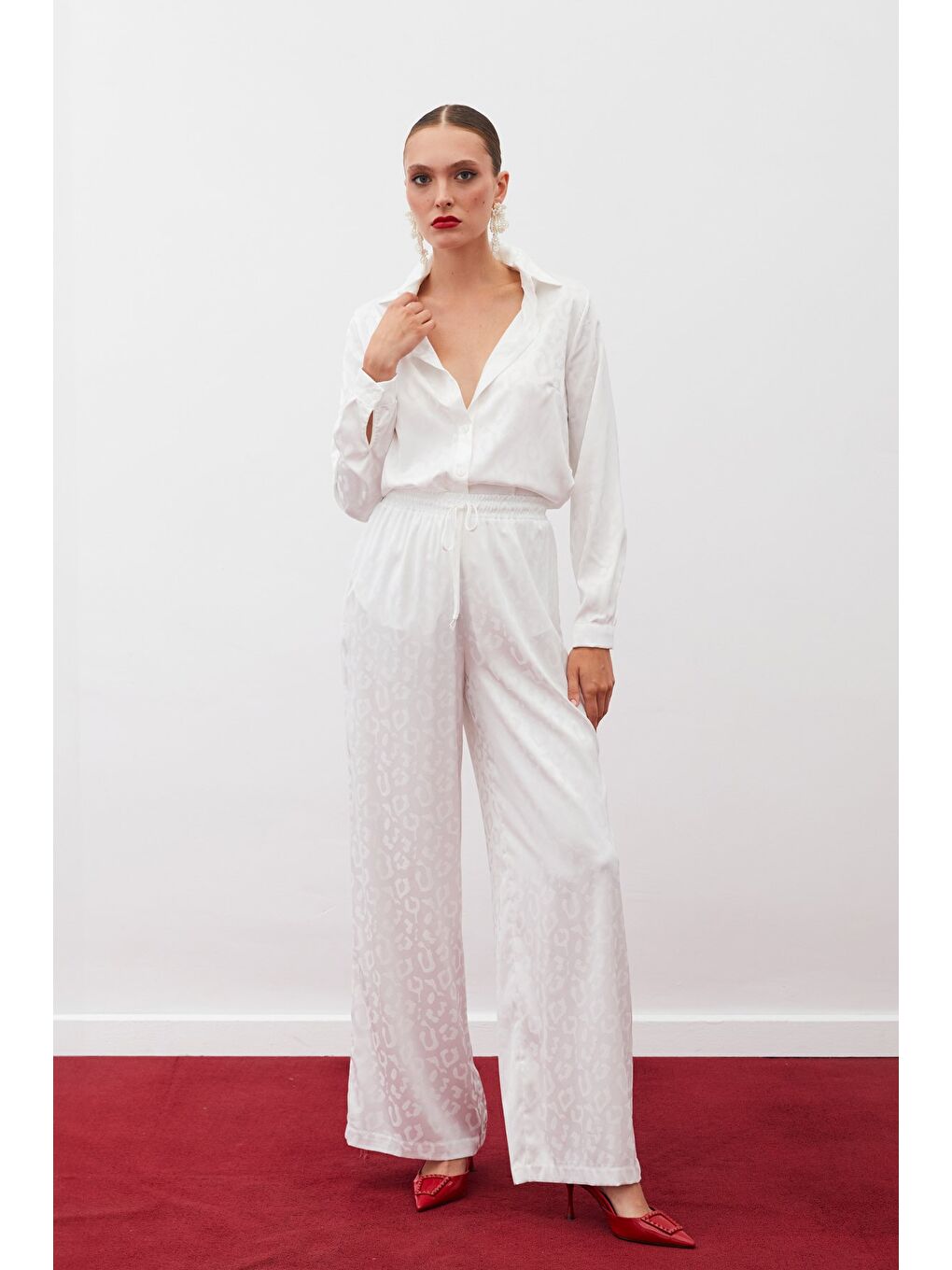 Bel Lastikli Desenli Pantolon - Ekru-3