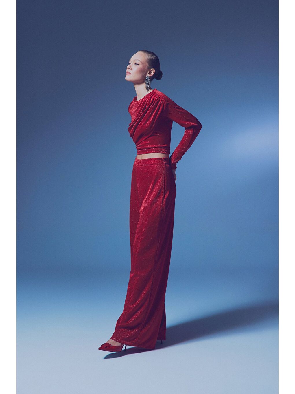 Simli Salaş Pantolon - Kırmızı-4