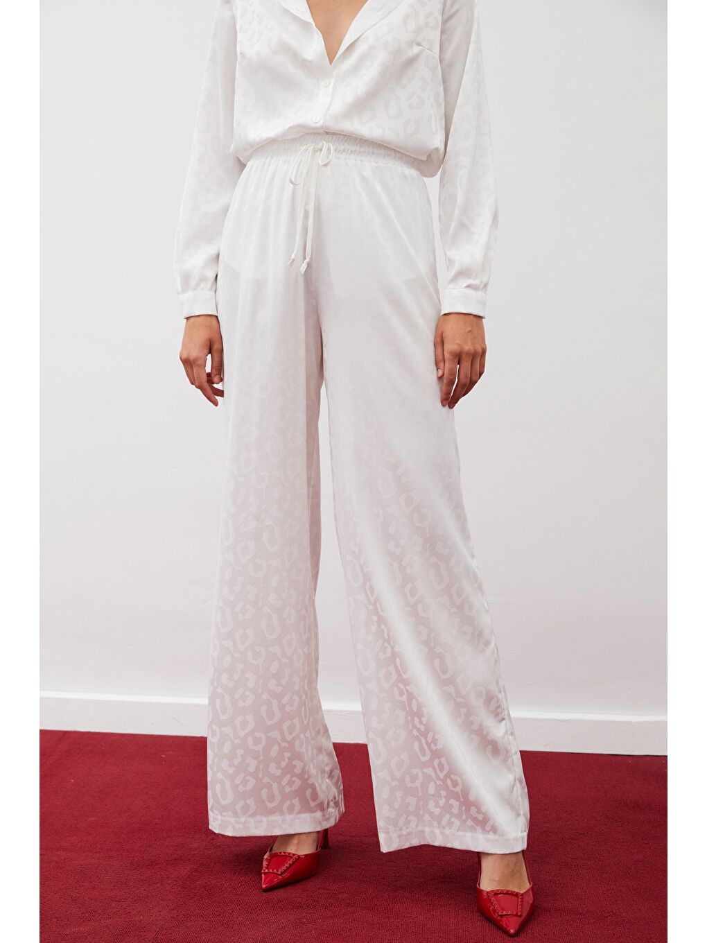 Bel Lastikli Desenli Pantolon - Ekru-5