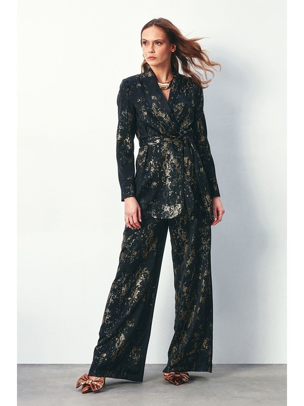 Parlak Desenli Salaş Pantolon - Siyah-2