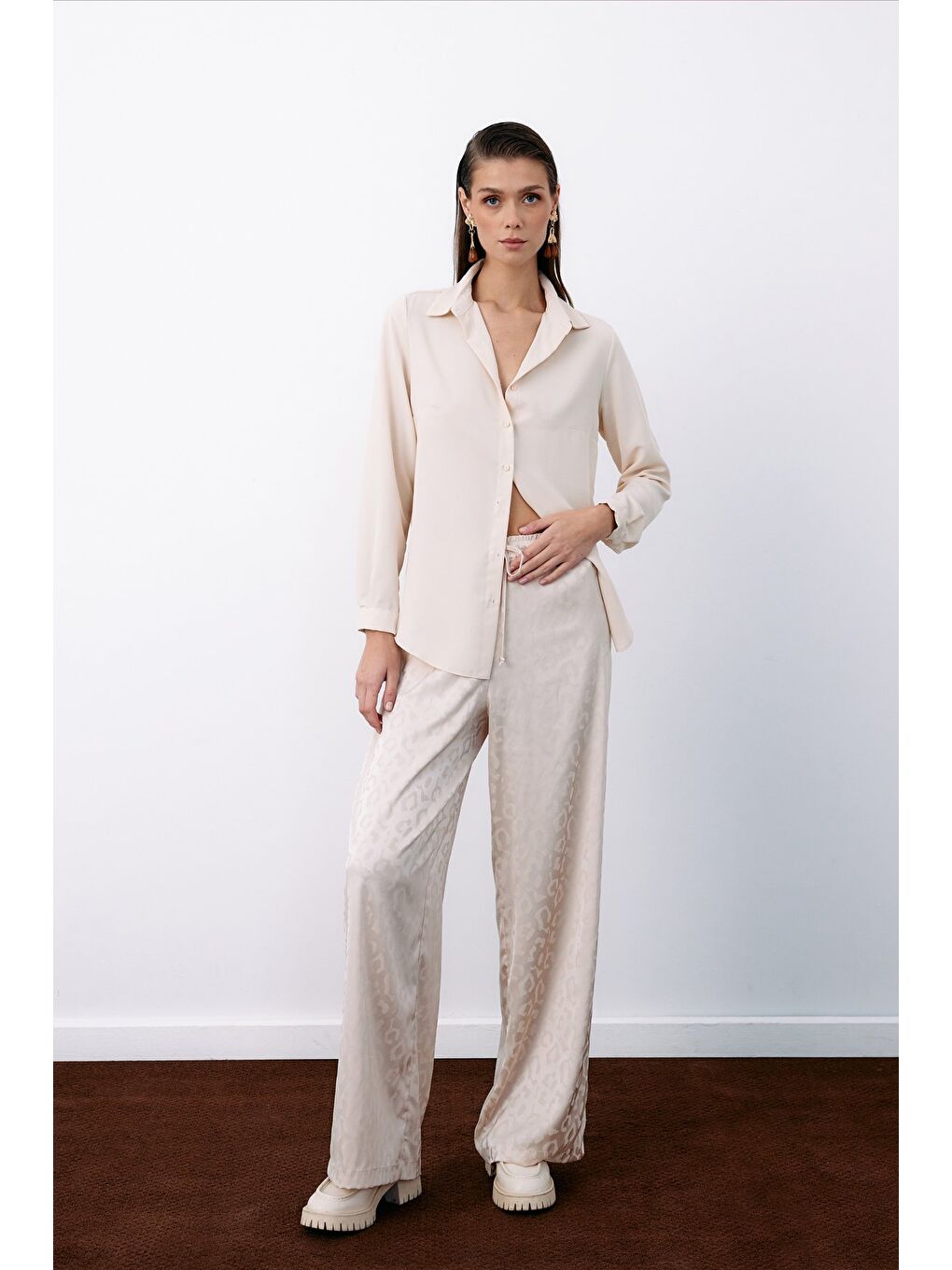 Bej Bel Lastikli Desenli Pantolon - Taş-1