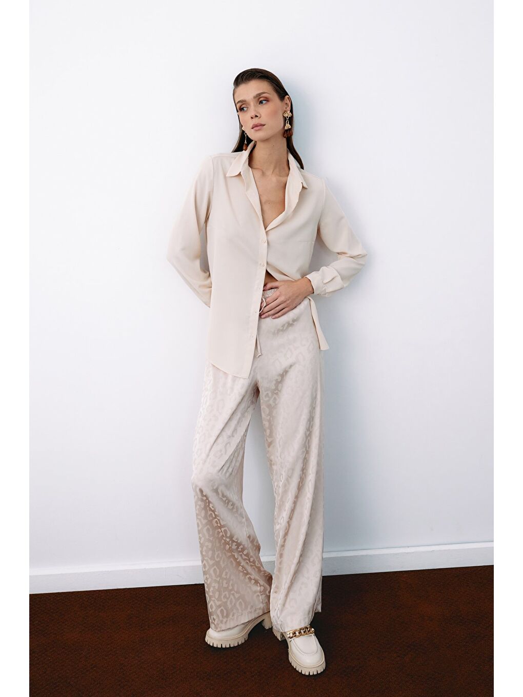 Bej Bel Lastikli Desenli Pantolon - Taş-2