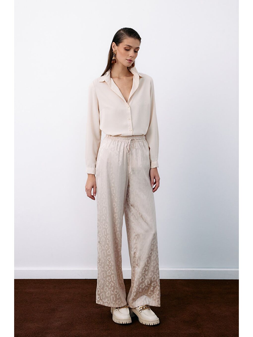 Bej Bel Lastikli Desenli Pantolon - Taş-3