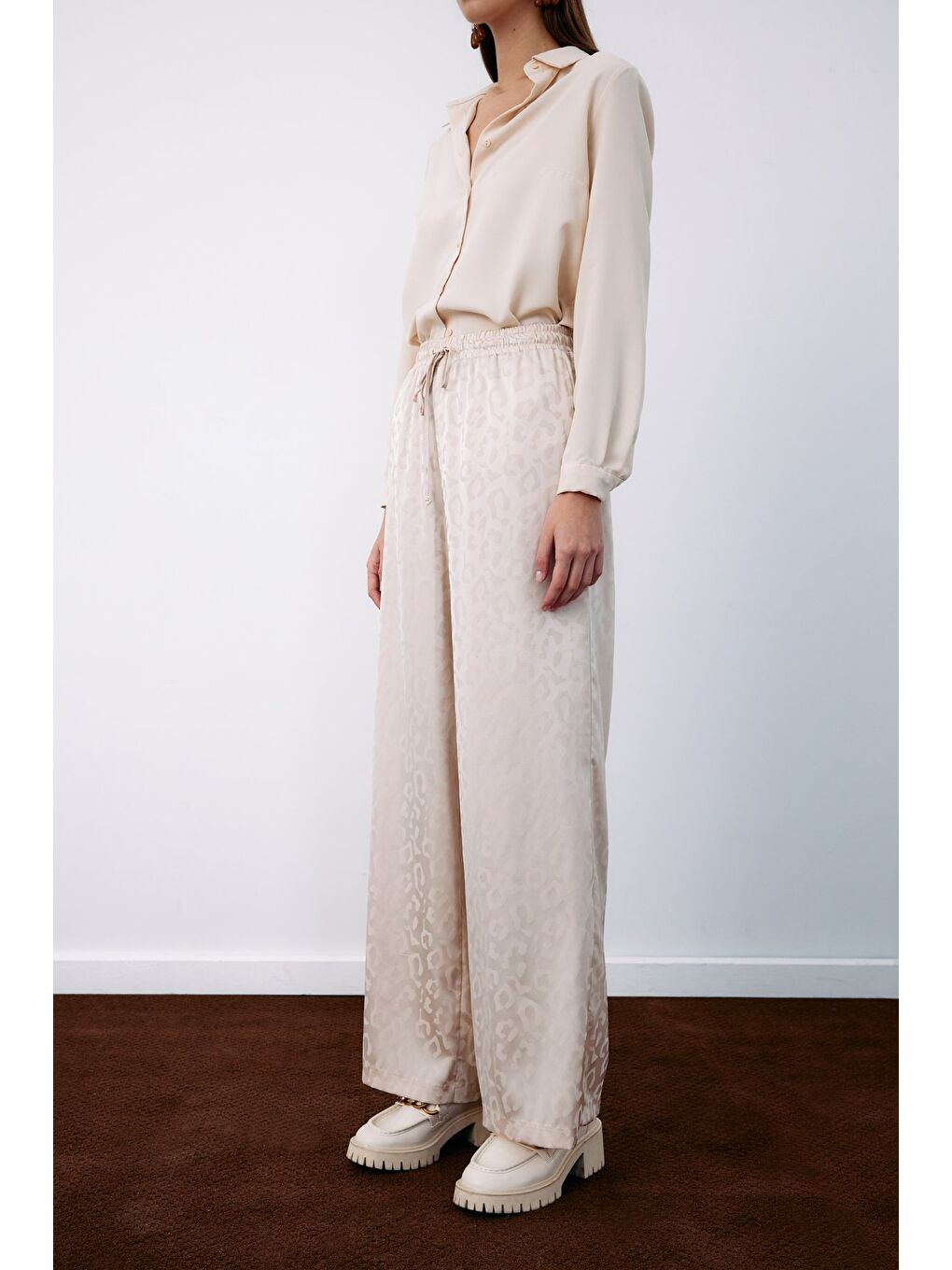 Bej Bel Lastikli Desenli Pantolon - Taş-4