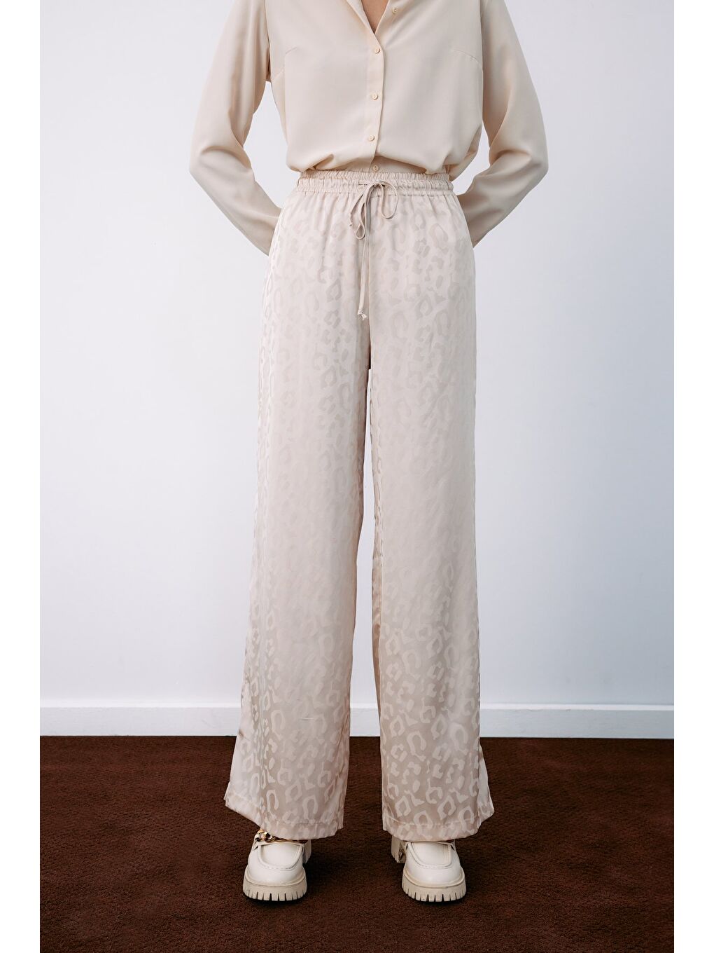 Bej Bel Lastikli Desenli Pantolon - Taş-5