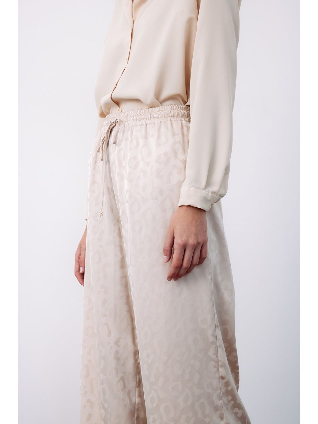 Bej Bel Lastikli Desenli Pantolon - Taş-6