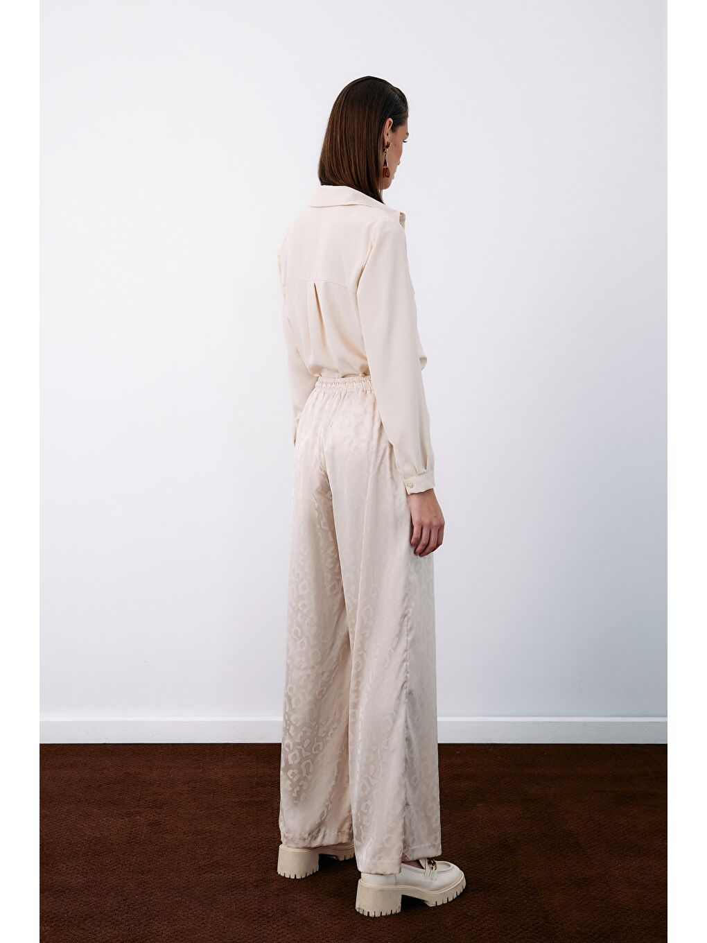 Bej Bel Lastikli Desenli Pantolon - Taş-7