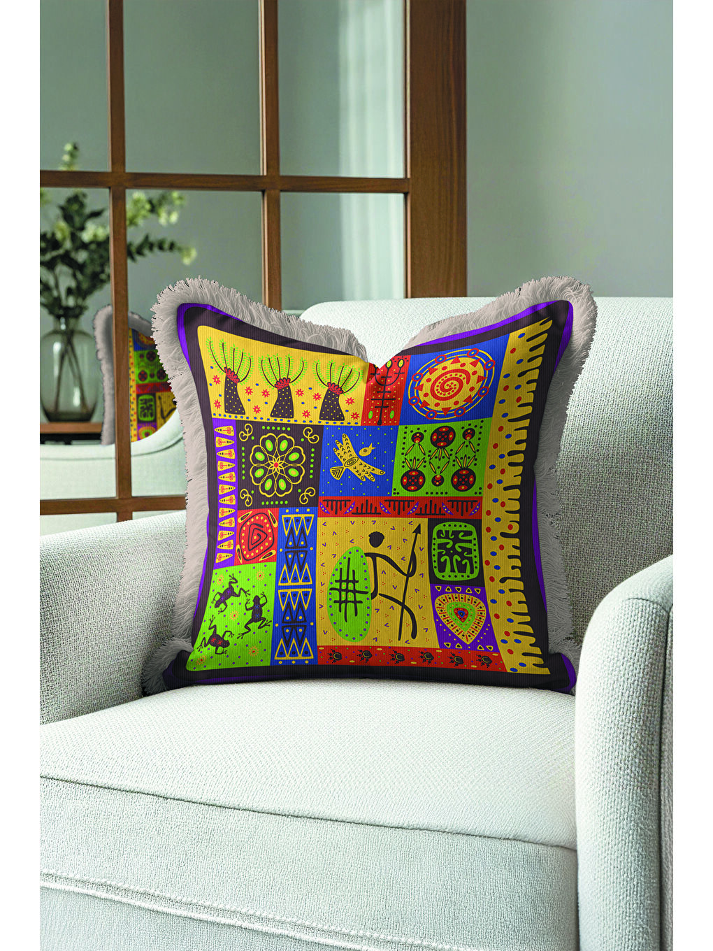 Karışık Etnik Renkli Mozaik Saçaklı Yastık Kılıfı - Bohem Afrika Figürlü Sarı Gri Püsküllü Kırlent Kılıfı