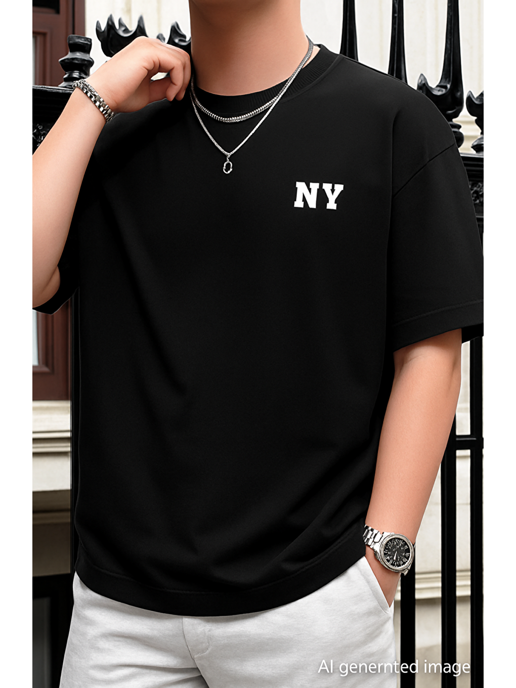 Siyah NY Baskılı Oversize Erkek Kısa Kollu Tişört